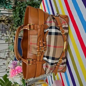 Authentic Burberry Brown House Check Canvas Leather Medium Bridle Lynher Tote